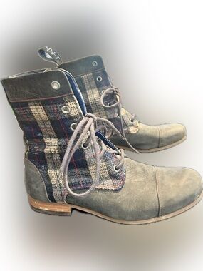 John Fluevog Radio BBC Gray Leather and Navy Plaid Lace-Up Ankle Boots